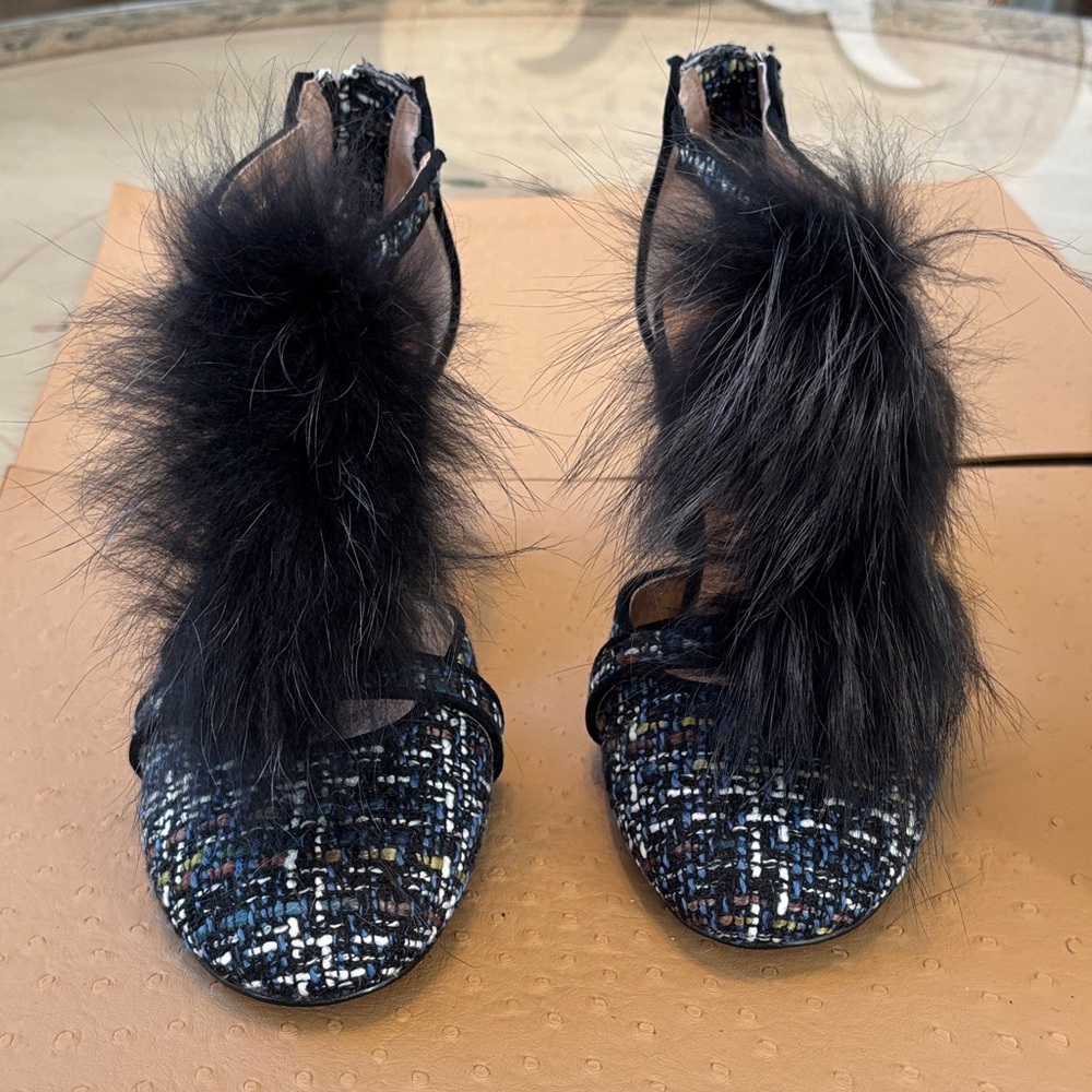 Bettye Muller Black Tweed Heels with Fur Accent